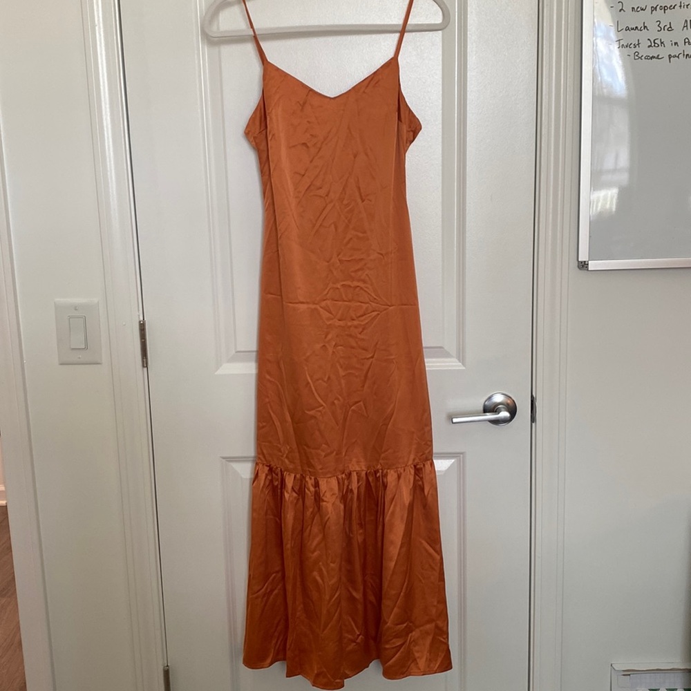 Rust Orange Satin Tiered Midi Dress